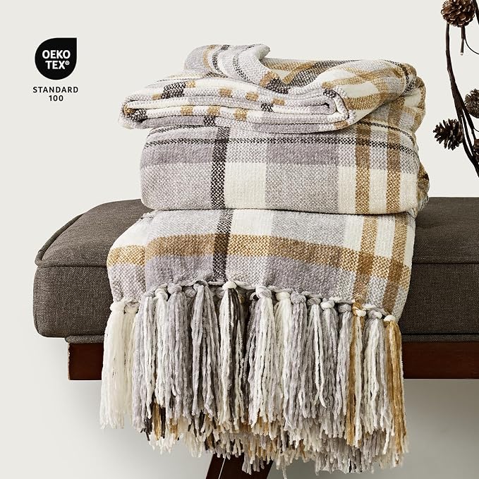 Plaid Chenille Knit Throw Blanket, 60"x80", Grey & Beige | Super Soft Knitted Throw with Tassels, Cozy, Decorative Farmhouse Plaid, Lightweight, Ideal for Couch Bed Gift Home Decor