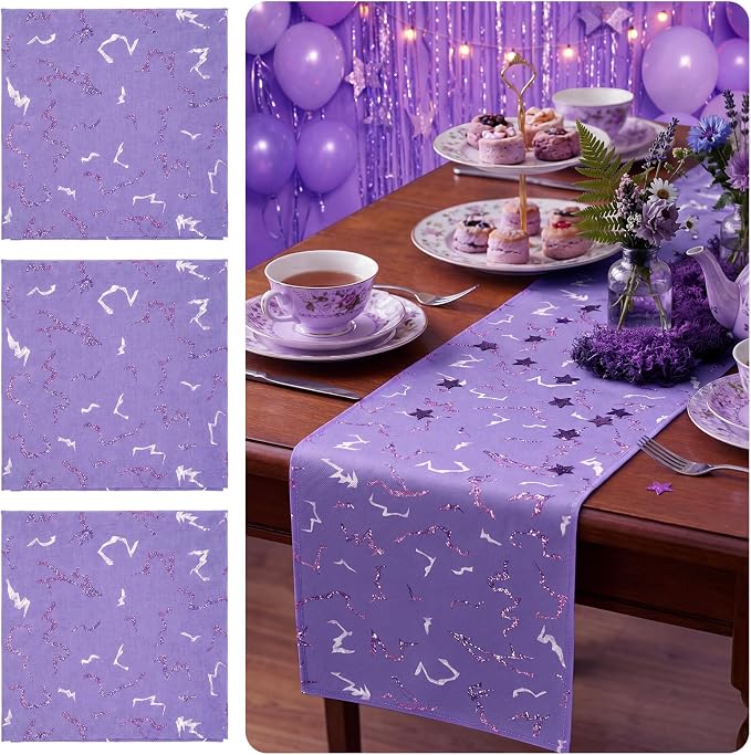 3 Pcs Kpop Party Table Runners 72 x 13 Inch Purple Lightning Table Runners Birthday Party Decorations Reusable Linen Lightning Crack Print Tabler Cover for Korean Kitchen Dining Supplies