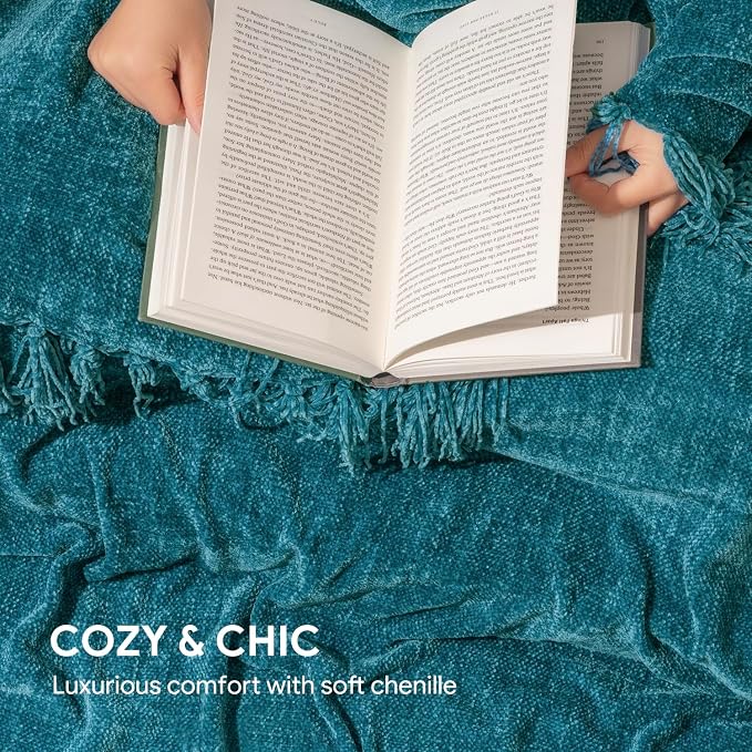 RECYCO Chenille Throw Blanket for Couch, 60"x80", Teal | Super Soft Knit Throw Blanket with Fringe Tassels, Lightweight Knitted Throw, Cozy, Ideal for Sofa Chair Bed Living Room Gift