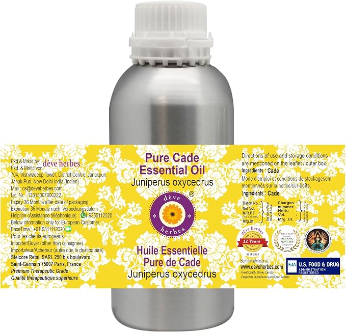 Deve Herbes Pure Cade Essential Oil (Juniperus oxycedrus) Steam Distilled 300ml (10 oz)
