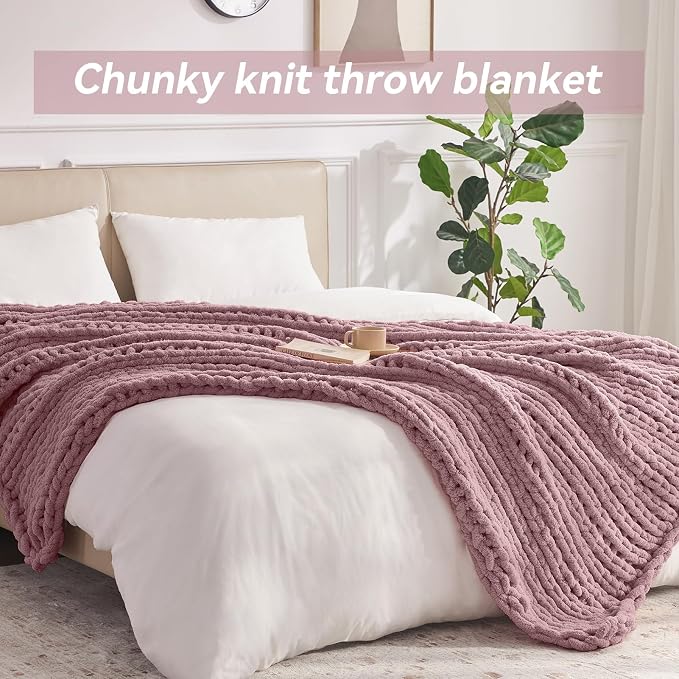 Negwoo Chunky Knit Throw Blanket, Knitted Throw Chenille Yarn, 80"*90" | Soft Thick Cable Knitted Blankets, Handmade Big Thick Blanket, Machine Washable Cute Comfy Blanket for Home Decor, Muted pink