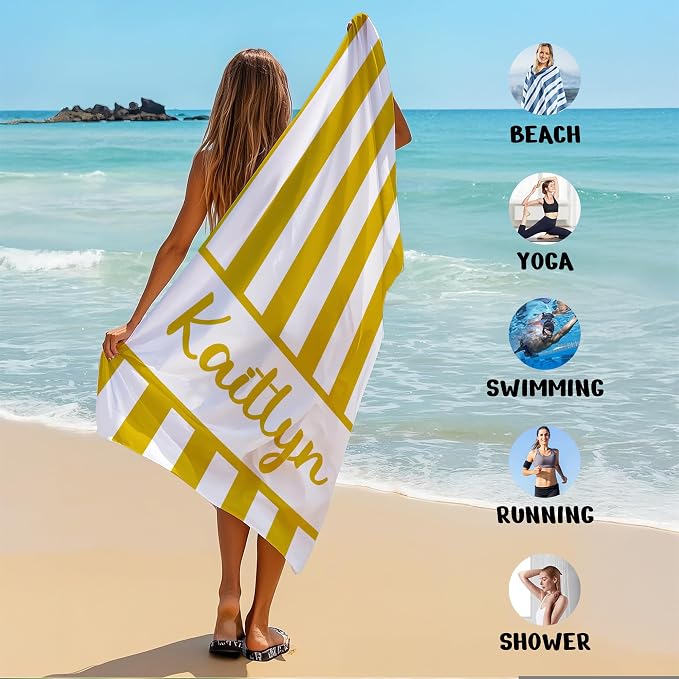 JML Personalized Beach Towel with Name, Custom Cabana Stripe Beach Towel, Customized Microfiber Pool Towel, Quick Dry & Absorbent Swim Towel for Adult,Anniversary, Birthday, Summer Holiday,Vacation
