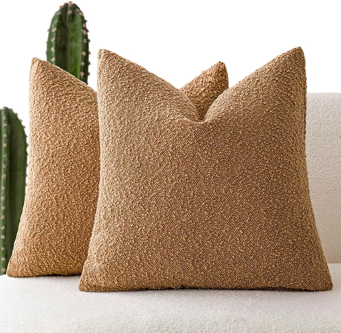 Foindtower Set of 2, Decorative Textured Boucle Throw Pillow Covers Accent Solid Pillow Cases Neutral Soft Couch Cushion Case for Chair Sofa Bedroom Living Room Home Decor 24 x 24 Inch Rust Tobacco