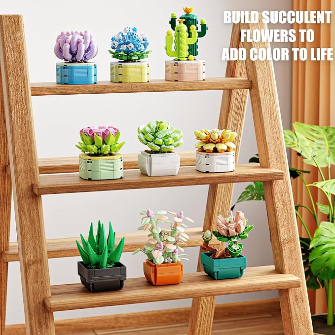 9 in 1 Tiny Flowers Succulents Artificial Plant Set-Creative Botanical Building Block Toy, Botanical Collection for Office&Home Decor, Birthday Gift for Adults and Kids 8-12(832 PCS)