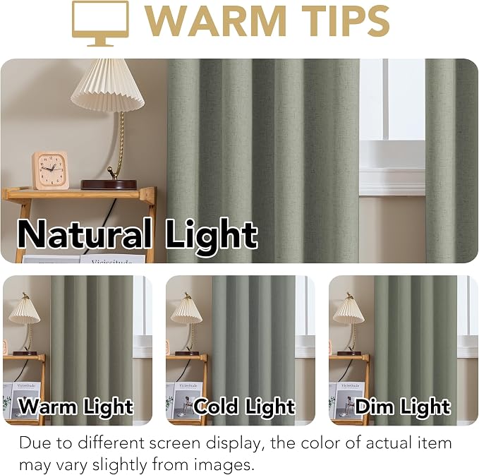 H.VERSAILTEX Linen Curtains 100% Blackout Curtains for Bedroom 45 inch Long Full Light Blocking Nature Linen Blended Window Curtains for Living Room Nickel Grommet (2 Panels, Heathered Dried Sage)