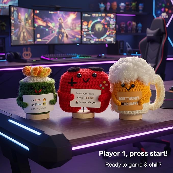3-PCS | Fun & Games Crochet Set | Fire Cupping Beer Game Controller Positive Plush | Handmade Funny Stuffed Figures with Wooden Stand & Inspirational Cards | Mini Desk Decor Gift for Teens Adults