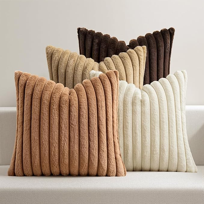 MIULEE Faux Fur Plush Decorative Throw Pillow Covers 20x20, Brown | Set of 4, Fall, Striped, Soft Boho Farmhouse Rustic Cozy Home Decor, Cushion Cases for Sofa Couch Bed Living Room