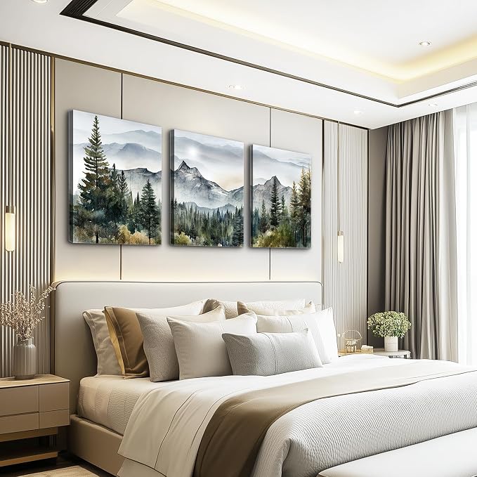 MHARTK66 Wall Art for Living Room Modern Wall Decor for Bedroom Office Decor Abstract Mountain Forest Landscapes Ink Painting 3 Piece Framed Canvas Art Prints Ready to Hang Wall Pictures Home Decor