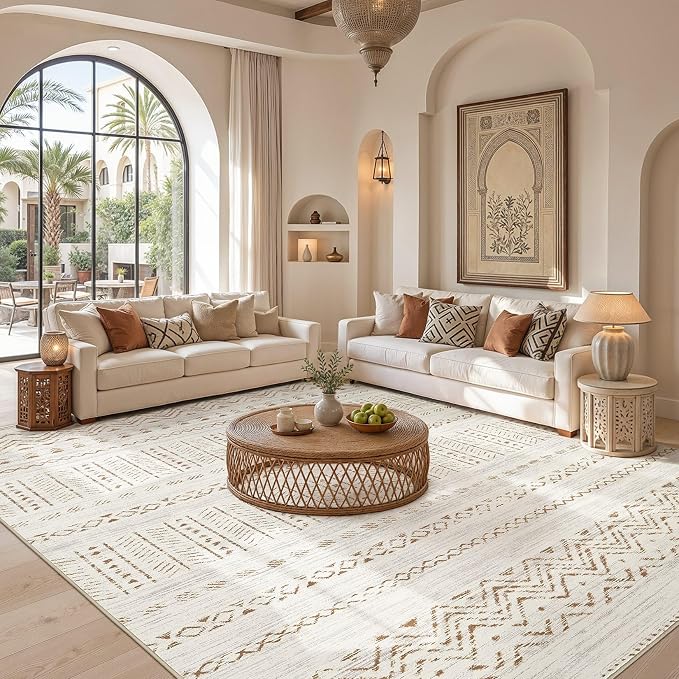cotiled 5x8 Area Rugs Living Room Rug: Washable Boho Rugs with Non Slip Backing Large Soft Indoor Stain Resistant Carpet for Bedroom Farmhouse Dining Room Lightweight Home Decor Brown/Cream