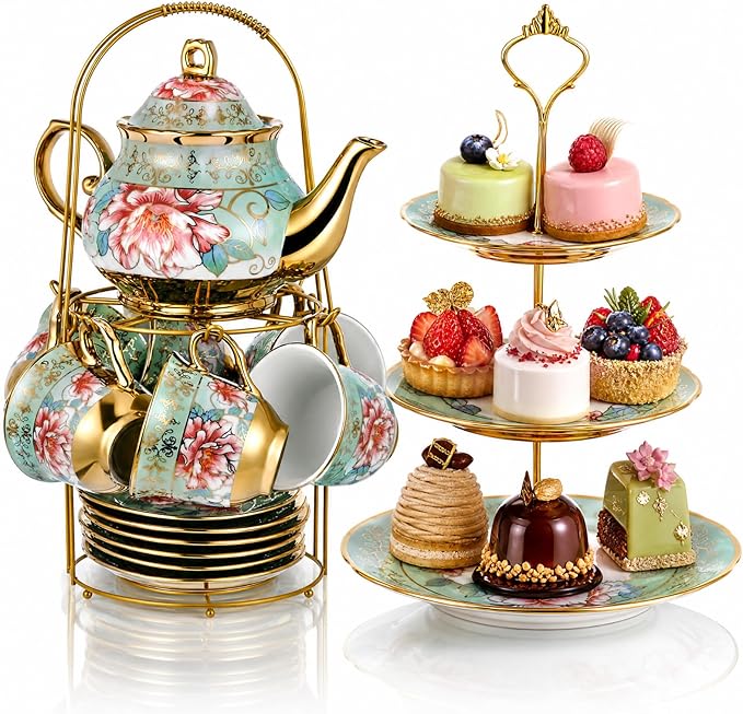 Maxcheck 21 Pcs Porcelain Tea Set for Women Tea Party with Metal Holder and 3 Tier Cake Stand Ceramic European Floral Teapot Set for Adults Mother's Day Christmas Thoughtful Gift(Fresh Style)