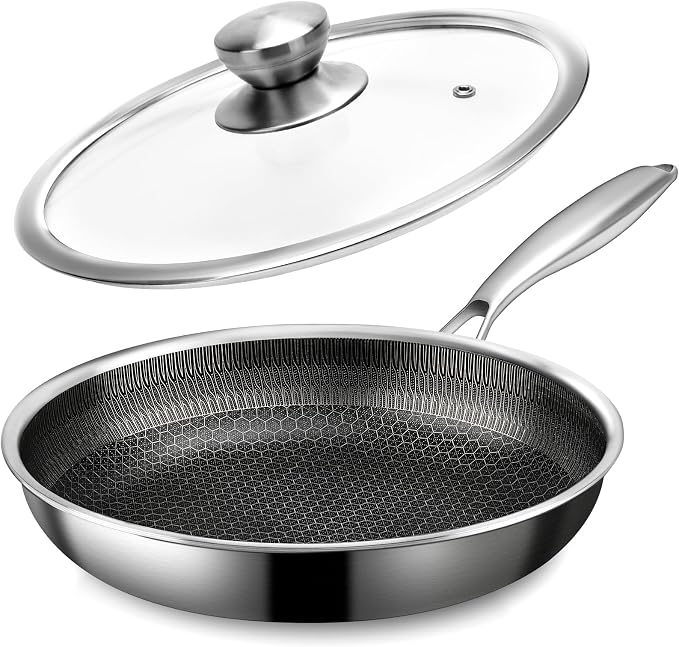 11" Stainless Steel Frying Pan with Lid, Honeycomb Nonstick Frying Pan | Omelet Chef's Pan with Stay Cool Handle, Induction & Oven Safe, Compatible with All Cooktops, PFOA Free