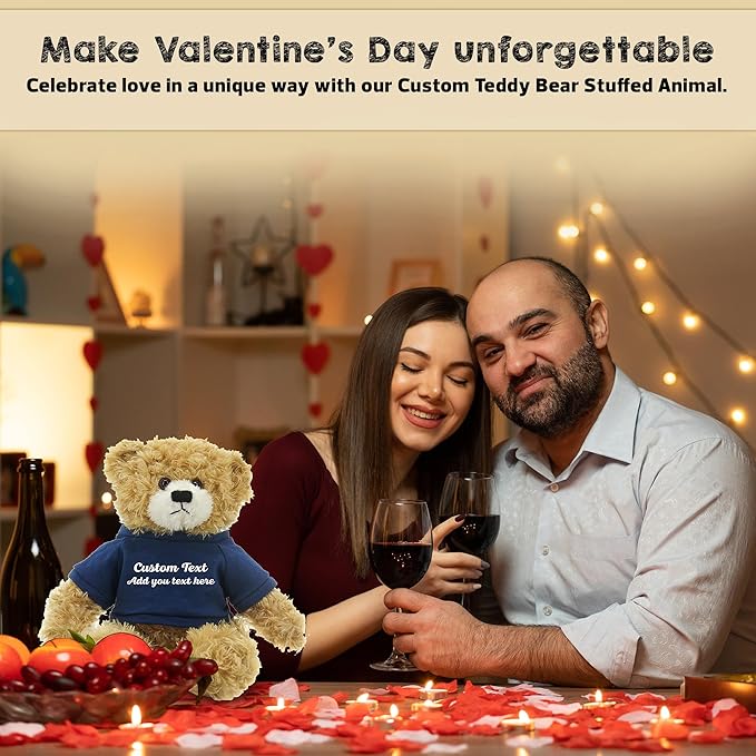 Customized Beige Brandon Bear - 12 inch Personalized Stuffed Bear Plush Toy - Perfect Custom Shirt Bear Gift for Graduation Valentines Graduation Easter Holidays (Navy Blue Shirt)