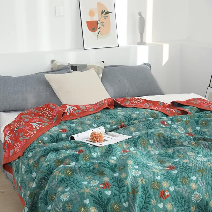 LUTBM Boho Throw Blanket for Bed, 100% Cotton Soft Cozy Breathable Quilt | Underwater Ocean Life Jacquard Farmhouse Decor, 80"x90" All Season Bed Blankets, For Sofa Couch Chair Bedroom Living Room