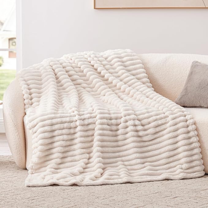 EXQ Home Fleece Blanket Queen Size for Couch or Bed - 3D Stripe Jacquard Decorative Blankets - Cozy Soft Lightweight Fuzzy Flannel Blanket Suitable for All Seasons(90"×90",Beige)