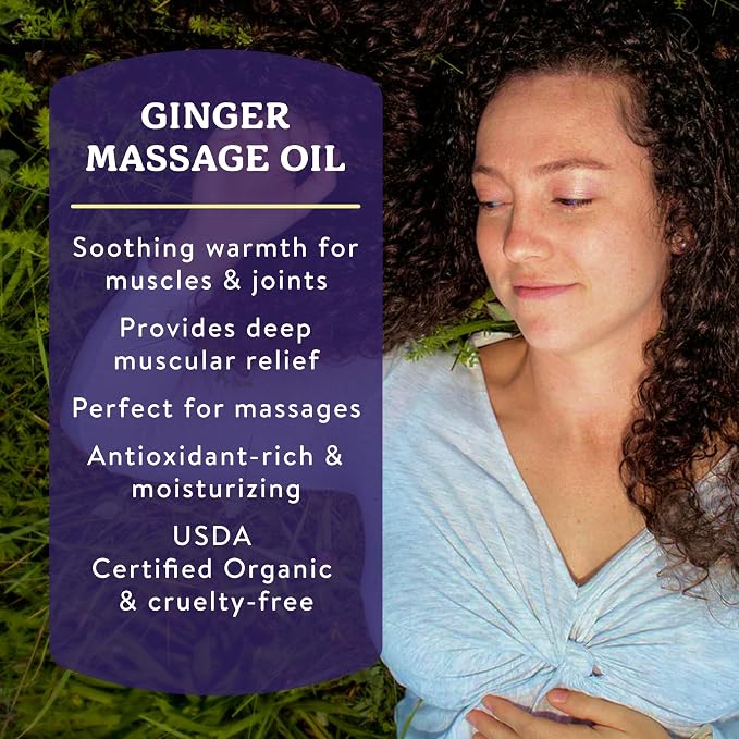 Badger Ginger Massage Oil, 100% Organic Massage Oil, w/Arnica Oil & Cayenne for Warming Soothing Deep Tissue Sore Muscle Relief, 4 fl oz Glass Bottle