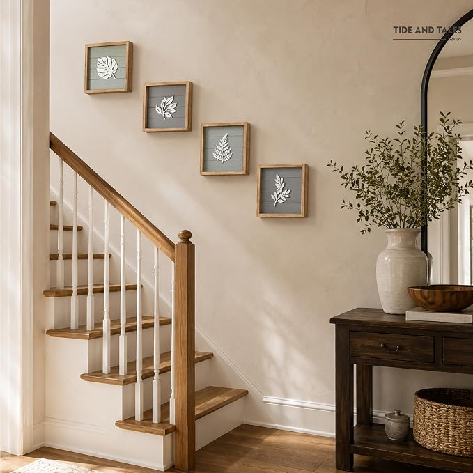 Tide and Tales Leaves of Meaning 3D Botanical Wall Art (Set of 4) Framed Boho Wall Art for Living Room, Bedroom & Bathroom, House Warming Gifts for New Home, Leaf Farmhouse Home Decor 10"x10"
