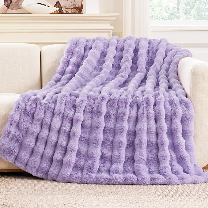 Cozy Bliss Faux Fur Throw Blanket for Couch, Fuzzy Soft Plush Thick Bubble Blanket for Sofa Bedroom Living Room, 50 * 60 Inches Lavender Purple