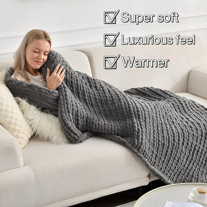 Maetoow Tighter Version Chenille Chunky Knit Blanket Throw,60×80,Dark Grey