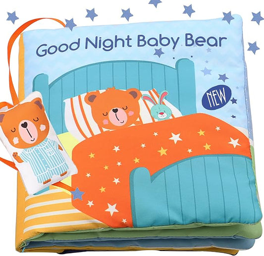 Bebe Mondo Teddy Bear Tummy Time Toy with Mirror, Soft Baby Book for 0-3-6-12 Months, Infant Sensory Developmental Toy, Shower Baby Gifts,Activity Quiet Cloth Book for Newborns,1-2 Year Old Book-Night