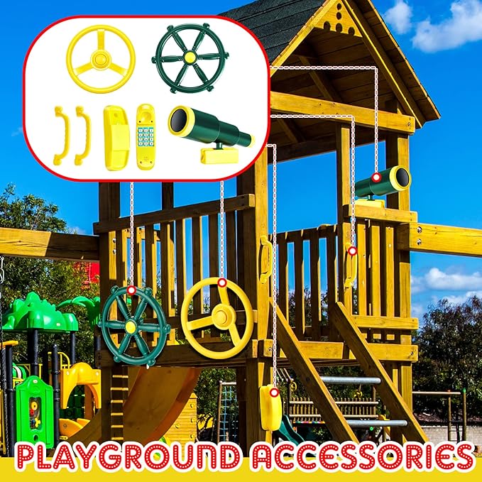 Playground Accessories Backyard Pirate Plastic Ship Playset Plastic Playground Equipment Set with Ship Wheel, Telescope, Safety Handlestoy Phone for Outdoor Playhouse Treehouse Playset(Yellow, Green)