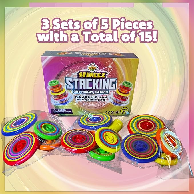 IPIDIPI TOYS Spineez Stacking Spinning Tops for Kids – Set of 3, 15-Piece UFO Spinner Toys – Halloween Toys for Trick or Treat, Halloween Goodie Bag Stuffers, Birthday Party Favors for Boys & Girls
