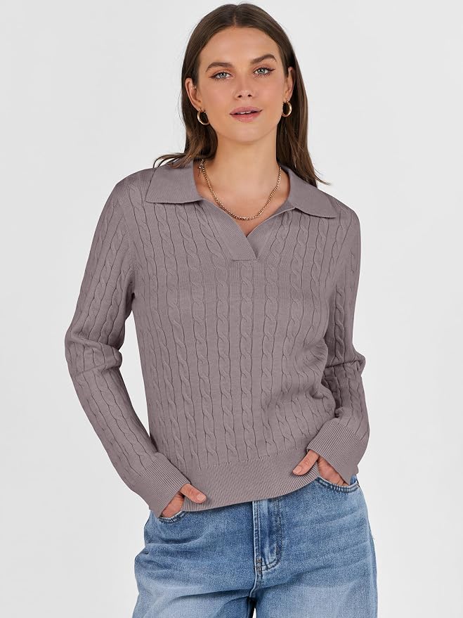 ANRABESS Womens Cable Knit Sweaters Long Sleeve V Neck | Pullover Collared Sweater Tops, Polo Knit Shirts, Business Casual Work, Tennis Golf, Fall Winter Fashion Outfits
