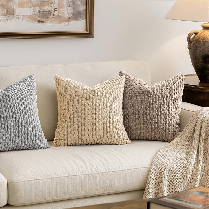 MIULEE Decorative Throw Pillow Covers 18x18 Beige Textured Corduroy | Pack of 2 Striped Pillow Covers Modern Farmhouse Home Decor for Couch Bed Sofa Living Room