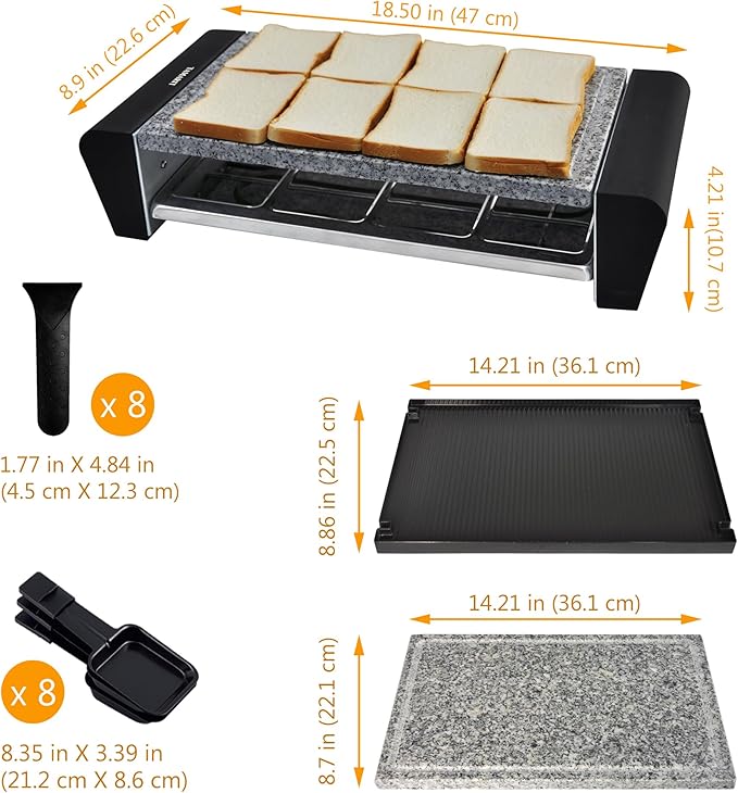 TAMARIT Raclette Grill with Extra Stone Plate, Indoor Electric Table Grill | Dual grill: reversible cast aluminum plate and granite stone, 8 nonstick cheese trays, 1300W, for 4- 8 person family parties