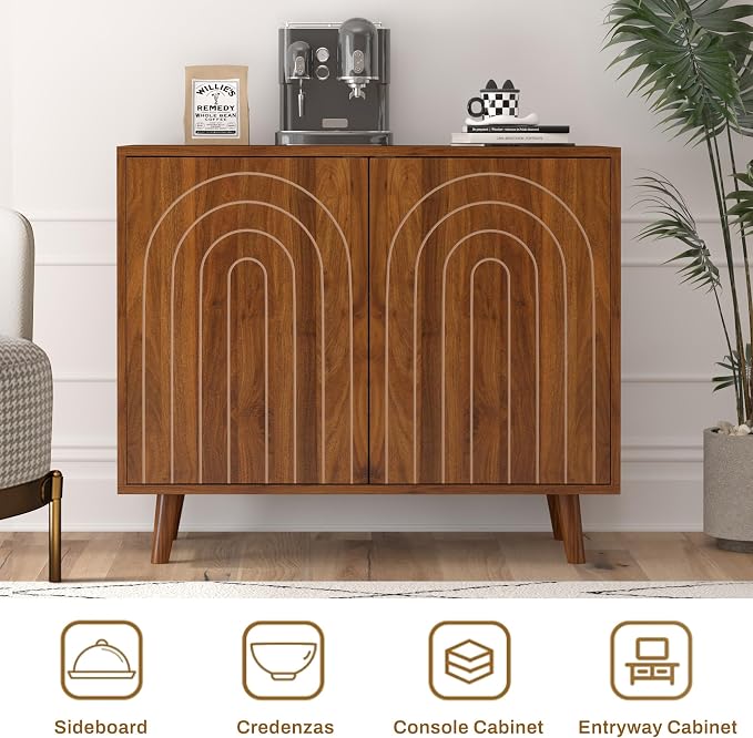 weselon Accent Cabinet with Carving Lines, Modern Buffet Sideboard with Adjustable Shelves, Decorative Storage Cabinets for Bedroom Living Room Kitchen Office and Hallway (Walnut, 1)
