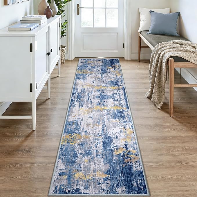 RELEANY Washable Area Rugs 2x9 Non-Slip Modern Abstract Soft for Living Room Entryway Bedroom Kitchen, Print Pattern, Grey Blue Gold/Golden