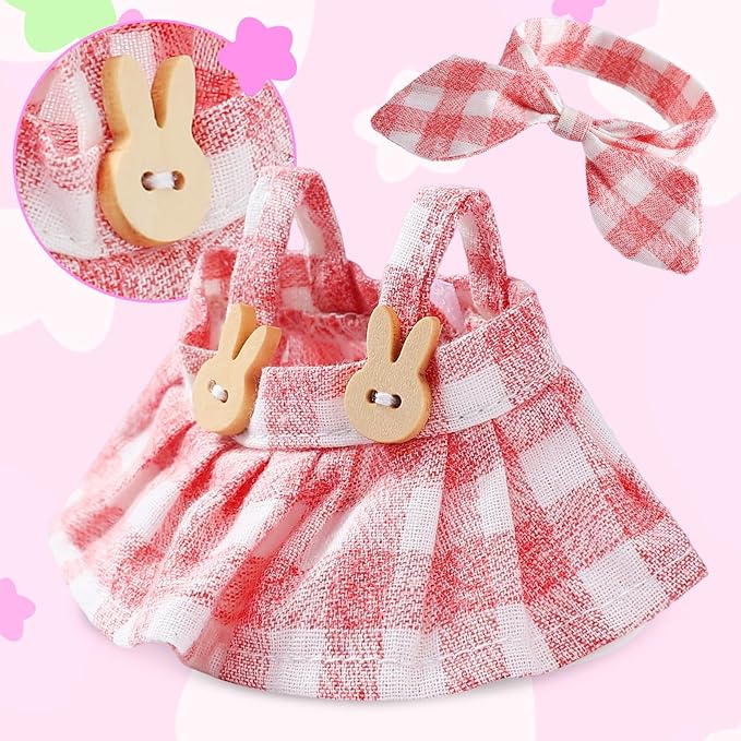 17cm Doll Clothing Set 2Pcs - Plaid Bunny Skirt + Bow Headband, Pink Sweet Outfit for 6-7inch Dolls (NO Doll Included) Kawaii Style Dress Accessories