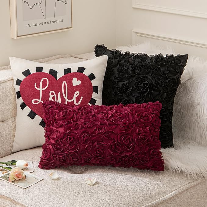 MIULEE Decorative Rose Flower Pillow Cover Pack of 1 Wine Red 12x20 Inch | Cute Romantic Stereo Chiffon Throw Pillow Cover Aesthetic Solid Pillowcase for Girl Coquette Room Decor Coach Bedroom