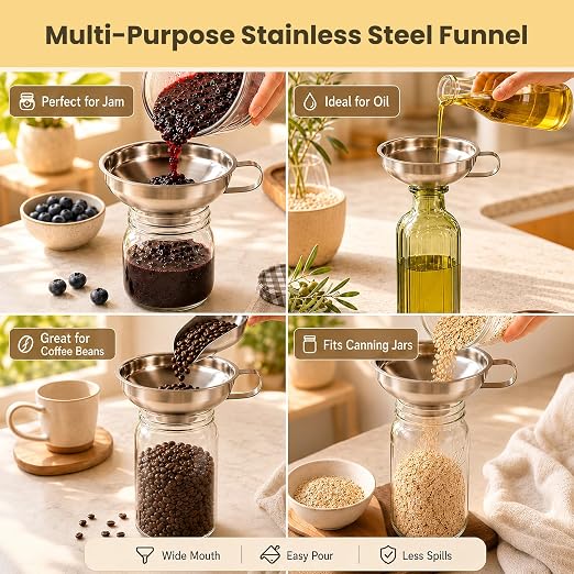 Canned Funnel with Filter, Used for Filling Wide Mouth and Regular Mason Cans, Kitchen with Food Grade Stainless Steel Canned Funnel 3-Piece Set (Small and Large)