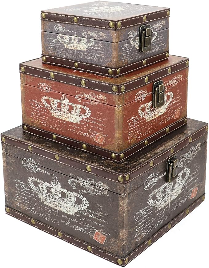 Jolitac Wood Storage Box Set of 3, Vintage Decorative Nesting Boxes Wooden Treasure Storage Crates With Latch, Home Decor Rustic Antique Boxes With Lid for Photos, Jewelry, Cash (Crown)