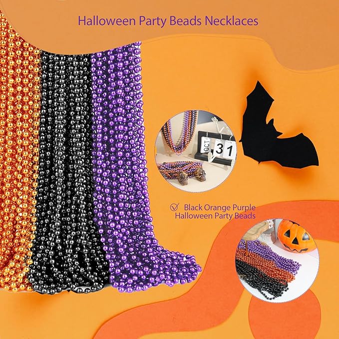 120 PCS Halloween Beads Necklaces, Purple Black Orange Party Beads 33'' Halloween Necklaces Accessories Party Stuff for Trick or Treat Decorations