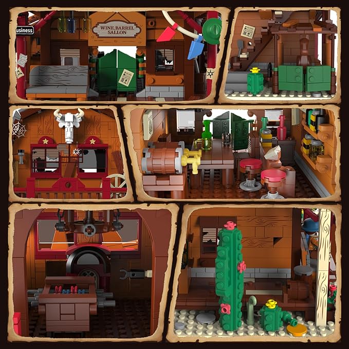 Western Saloon Building Blocks, Oak Barrel Saloon Architecture with Four Figures Model Building Toy, Old West Saloon Construction Building Set for Boys Girls Adults
