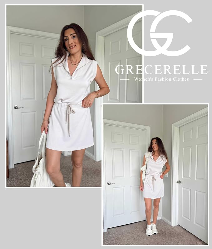 GRECERELLE Women's 2026 Summer 2 Piece Skort Sets Cap Sleeve Zip Collared Top Matching Tennis Skirt with Pockets for Athletic