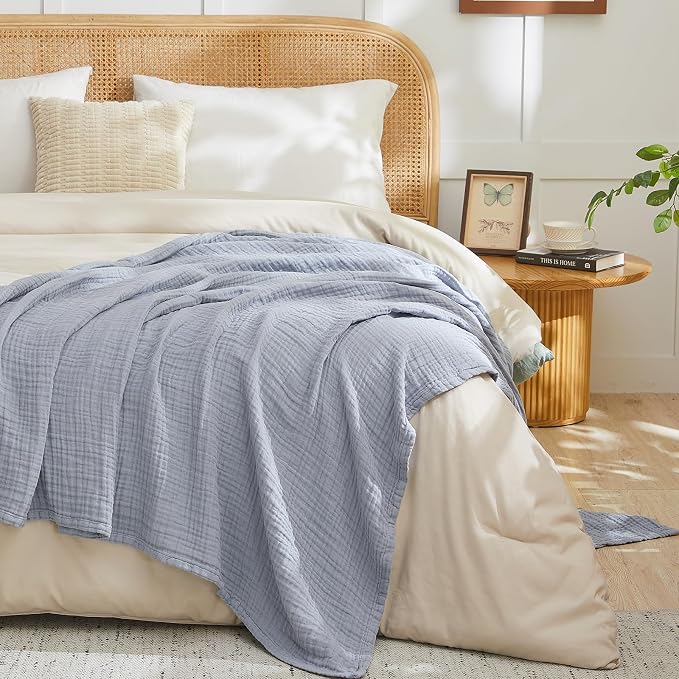 EMME Muslin Blankets for Adults Throw Blanket for Couch Breathable Gauze Soft Lightweight Airy Dusty Blue Throw 50" x 60"
