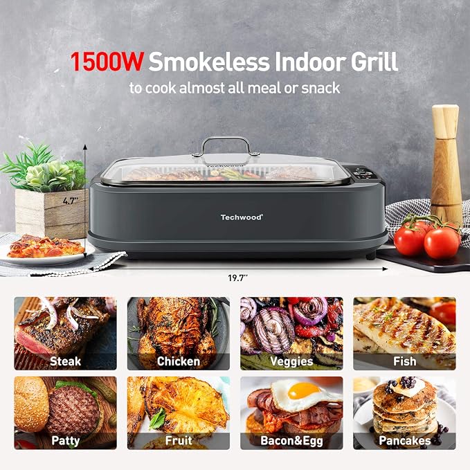 Indoor Grill, Techwood 1500W Smokeless Electric Grill with 2 in1 Nonstick Grill/Griddle Plates, Portable Korean BBQ Grill with 6-Level Control, Glass Lid, Dishwasher Safe, Double Plates, Gray