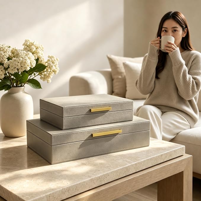 Decorative Storage Boxes with Lids, PU Faux Leather, 2 Pack,Grey | Bookshelf Home Decor Box with Gold Metal Handle, Store Photos, Documents and Memory Box Keepsakes