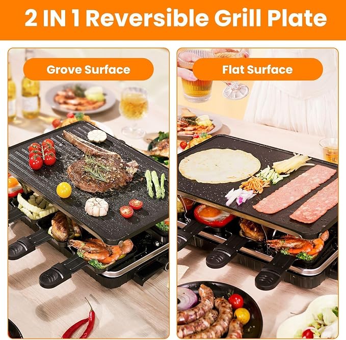 Raclette Table Grill, Electric Korean BBQ Grill, 2-in-1 Nonstick Electric Griddle with 8 Raclette Cheese Pans, Adjustable Temperature Control, 1300W, Ideal for Family and Party Fun