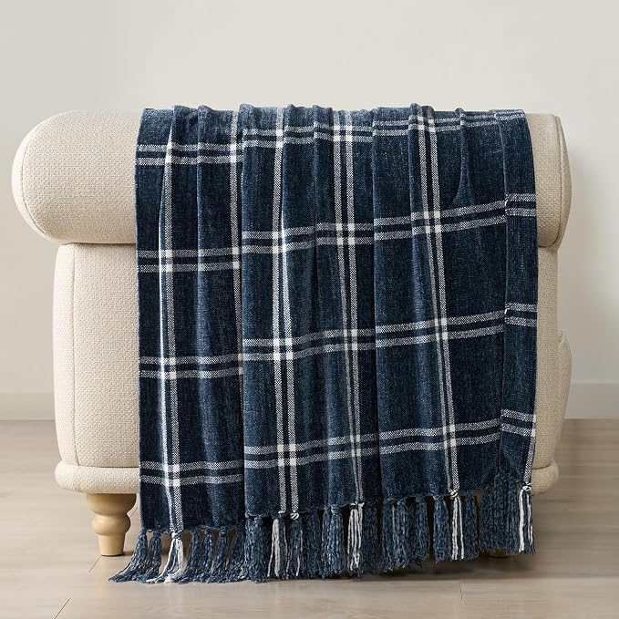 Plaid Chenille Knit Throw Blanket, 50"x60", Navy & White | Soft Knitted Throw with Tassels, Cozy, Lightweight, Windowpane Grid Plaid, Decorative Farmhouse Throw for Couch Bed Sofa Gift