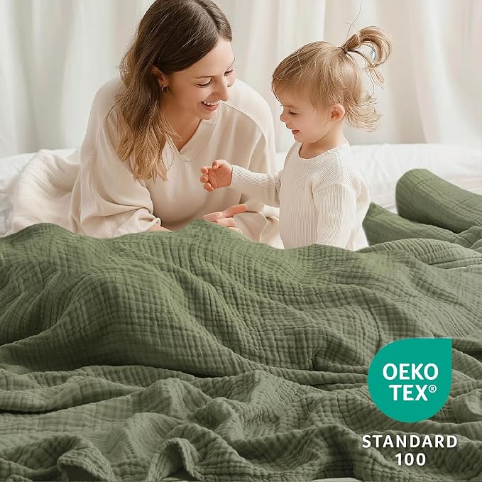 100% Cotton Muslin Blanket Queen 90" x 90", Breathable and Lightweight Cotton Throw Blanket for Bed, Soft Cooling Summer Gauze Blanket for Adults All Season, Olive Green