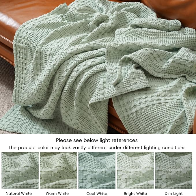 PHF 100% Cotton Waffle Weave Throw Blanket, Lightweight Breathable Summer Blanket for Couch Sofa, Pre-Washed Soft Throws for Bed, Office, Travel & Stylish Home Decor, 50"x60", Mint Green