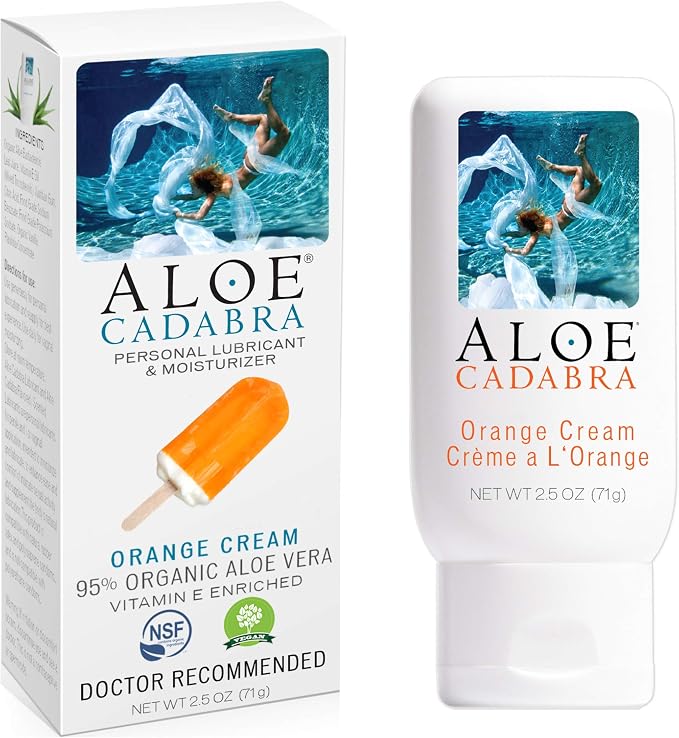 Aloe Cadabra Flavored Personal Lubricant & Vaginal Moisturizer, NSF Certified Organic Edible Aloe Lube for Men, Women, Non-Staining, pH Balanced, (Orange Cream, 2.5oz, 1 Pack)