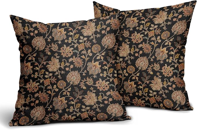 Black Brown Floral Pillow Covers 24X24 Inch Set of 2 Vintage Boho Carpet Flowers Decorative Pillow Cases Leaves Plant Cotton Linen Cushion Case Farmhouse Home Decor for Sofa Couch Living Room