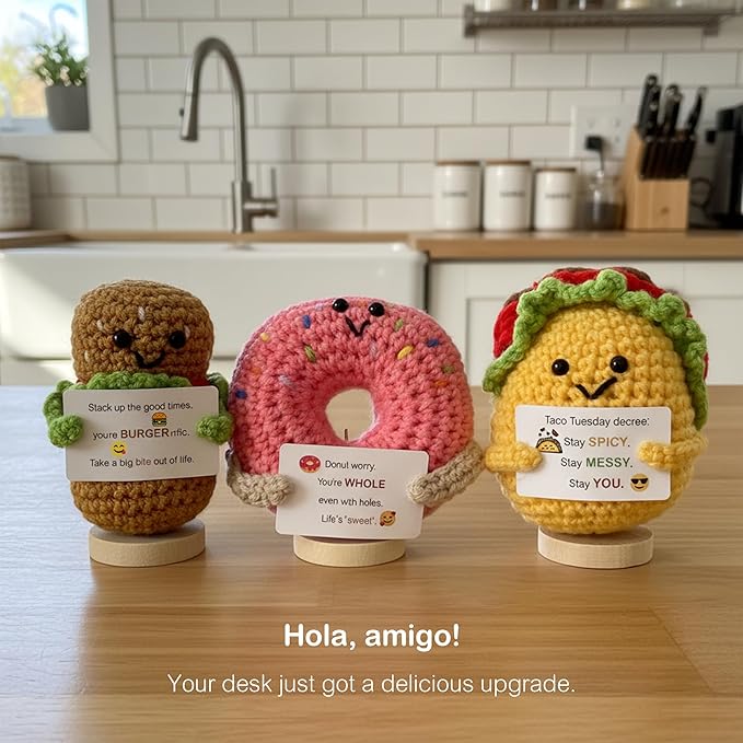 3-PCS | Food Fiesta Crochet Set | Taco Donut Burger Positive Plush | Handmade Emotional Stuffed Figures with Wooden Base & Inspirational Cards | Kitchen Festive Desk Ornaments for Teens Adults