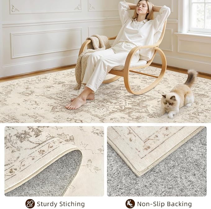 10x12 Area Rug for Living Room: Vintage Boho Neutral Washable Rug Indoor Soft Large Area Rug Carpet for Bedroom Nursery Farmhouse Dining Room Office Floor Non-Slip Low Pile Under Table Rug Beige/Ivory