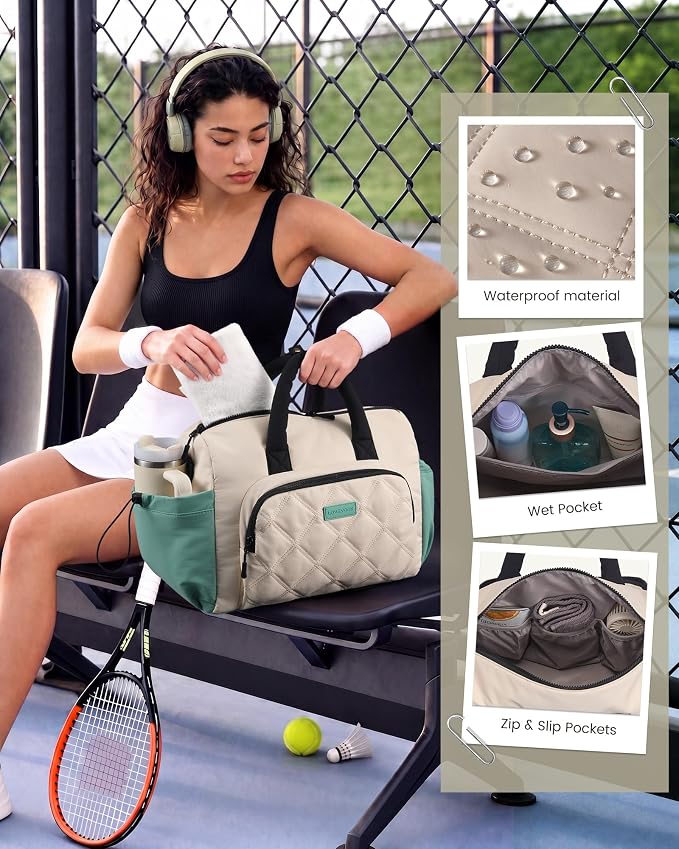 LOVEVOOK Small Gym Bag for Women with Yoga Mat Holder, Workout Bag with Large Tumbler Holder Pocket,Carry on Bag for Workout Dance Pilates Ballet Swimming Travel，White and Purple