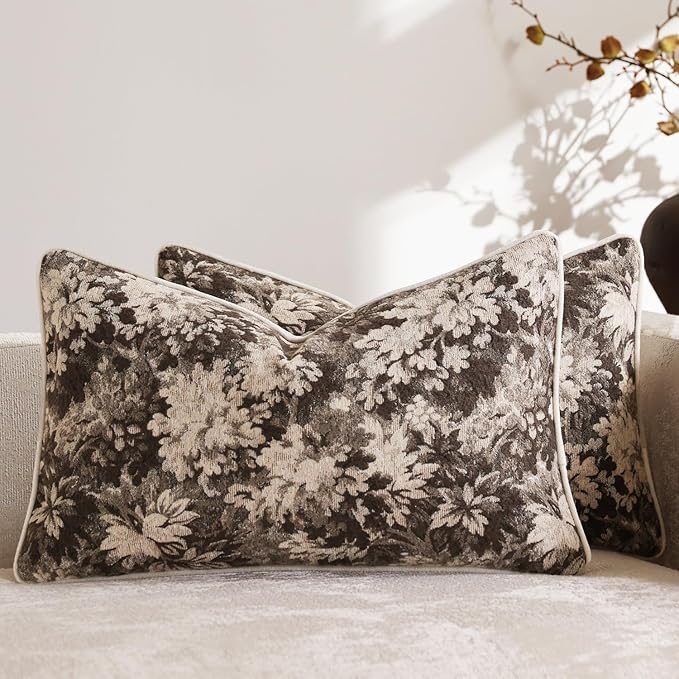 Pack of 2 Vintage Floral Pillow Covers 12x20 Boho Farmhouse Accents Chenille Rectangular Lumbar Decorative Throw Pillow Cases for Living Room Couch Bed Home Decor, Grey